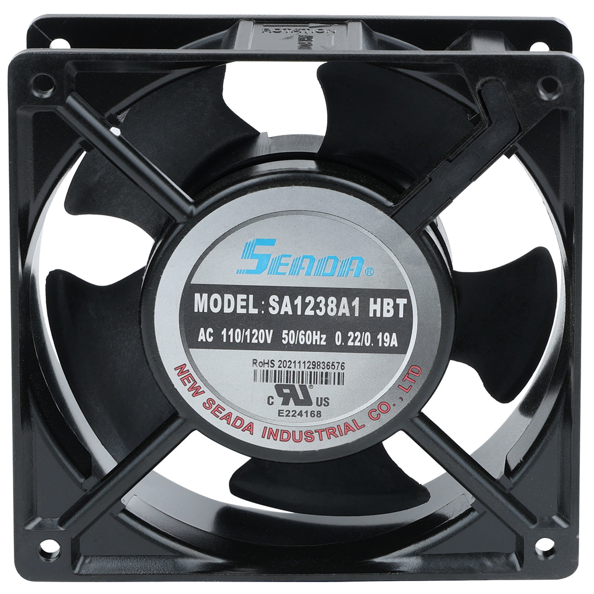 A square black cooling fan with five blades, labeled “SEADA MODEL: SA1238A1 HBT,” ideal as a condenser fan motor for Empura Refrigeration. The label lists AC 110/120V, 50/60Hz, 0.22/0.19A, certifications, and mounting holes at each corner.
