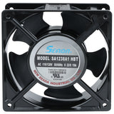A square black cooling fan with five blades, labeled “SEADA MODEL: SA1238A1 HBT,” ideal as a condenser fan motor for Empura Refrigeration. The label lists AC 110/120V, 50/60Hz, 0.22/0.19A, certifications, and mounting holes at each corner.