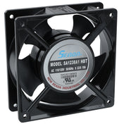 A black industrial cooling fan, often used as an Empura Refrigeration condenser fan motor, with a circular center label showing model number SA1238A1 HBT by Seada. The square mounting frame has four screw holes, ideal for Empura Parts replacement.