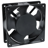 A black square condenser fan motor with five curved blades, mounted in a rectangular frame. Designed for electronic enclosures, Empura Refrigeration units, or computer cases. The frame has four mounting holes. Background is plain white.