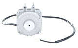 A silver, rectangular Condenser Fan Motor with a ridged surface, four corner screws, and two metal terminals on top. A black cable extends from the side, ending in a white plastic connector. Compatible with Empura Refrigeration units.