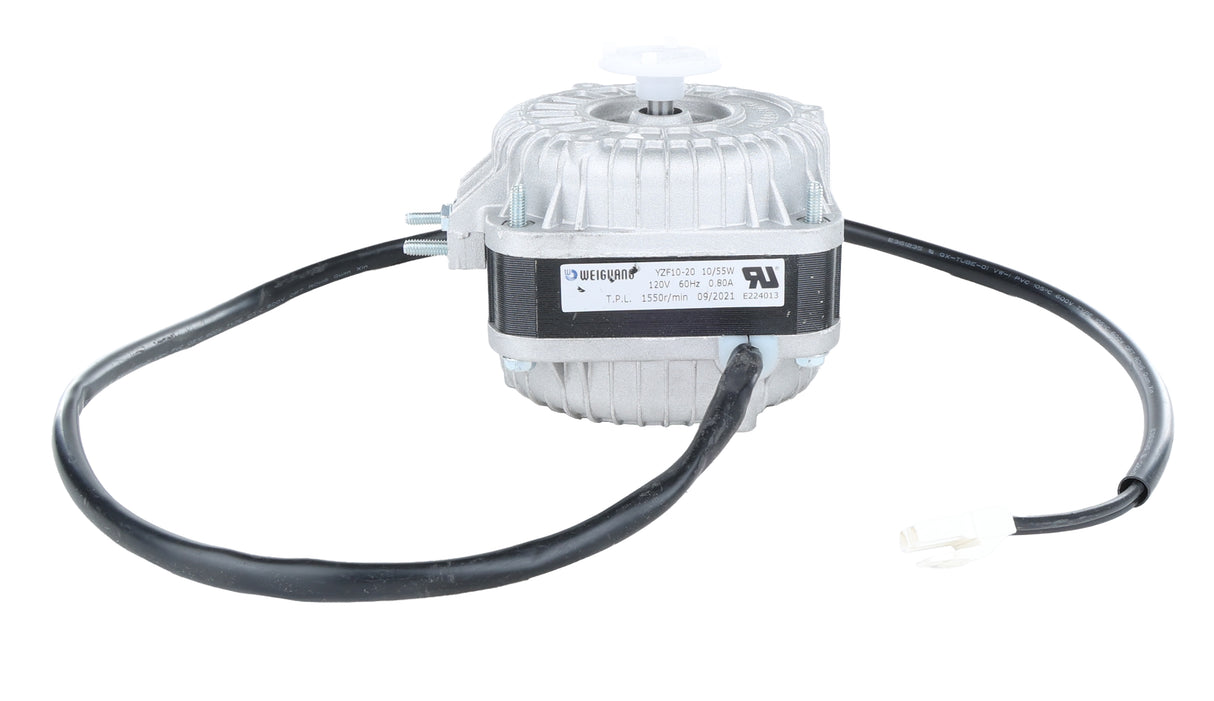 A silver condenser fan motor with a ribbed, cylindrical body, a white plastic spindle on top, and a black power cable extending from its base—perfect as an Empura Refrigeration replacement. A label with text and symbols is on the side.