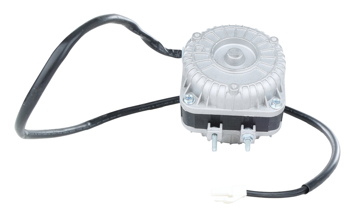 A metallic electric motor with a round, finned housing, visible screws, two protruding bolts, and a black cable attached to a white connector—this Empura Parts condenser fan motor is shown isolated on a white background.