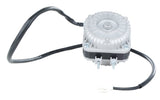 A metallic electric motor with a round, finned housing, visible screws, two protruding bolts, and a black cable attached to a white connector—this Empura Parts condenser fan motor is shown isolated on a white background.