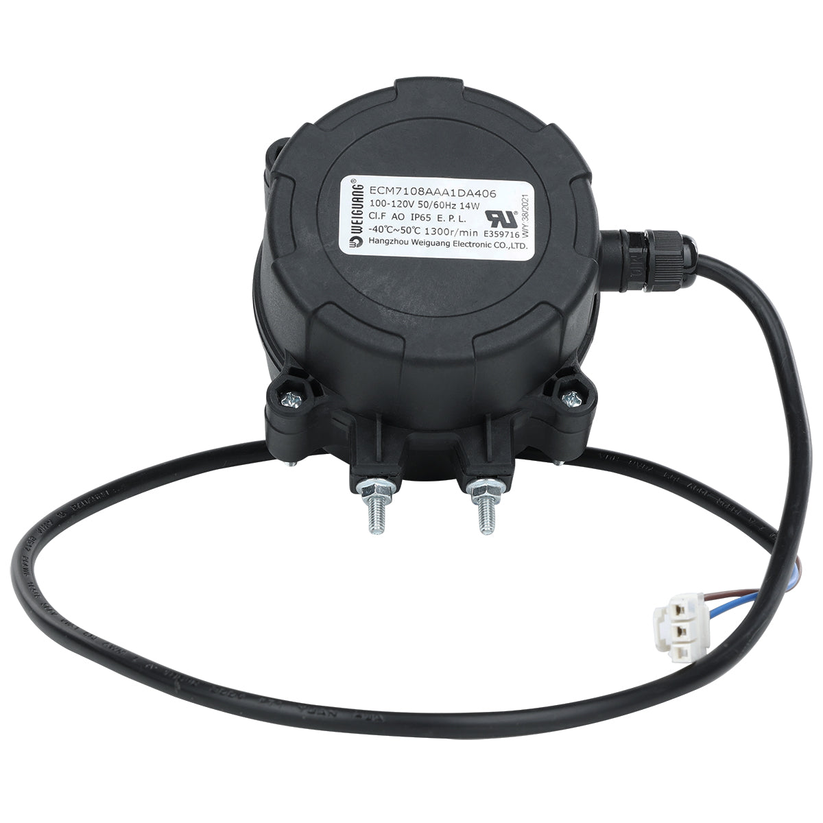 A black electronic motor with a cylindrical housing, two mounting bolts at the base, a power cable, and a white label showing specs—ideal as an Empura Parts replacement for Empura Refrigeration or Circle Fan units. Features a long wire ending in a multi-pin white plug.