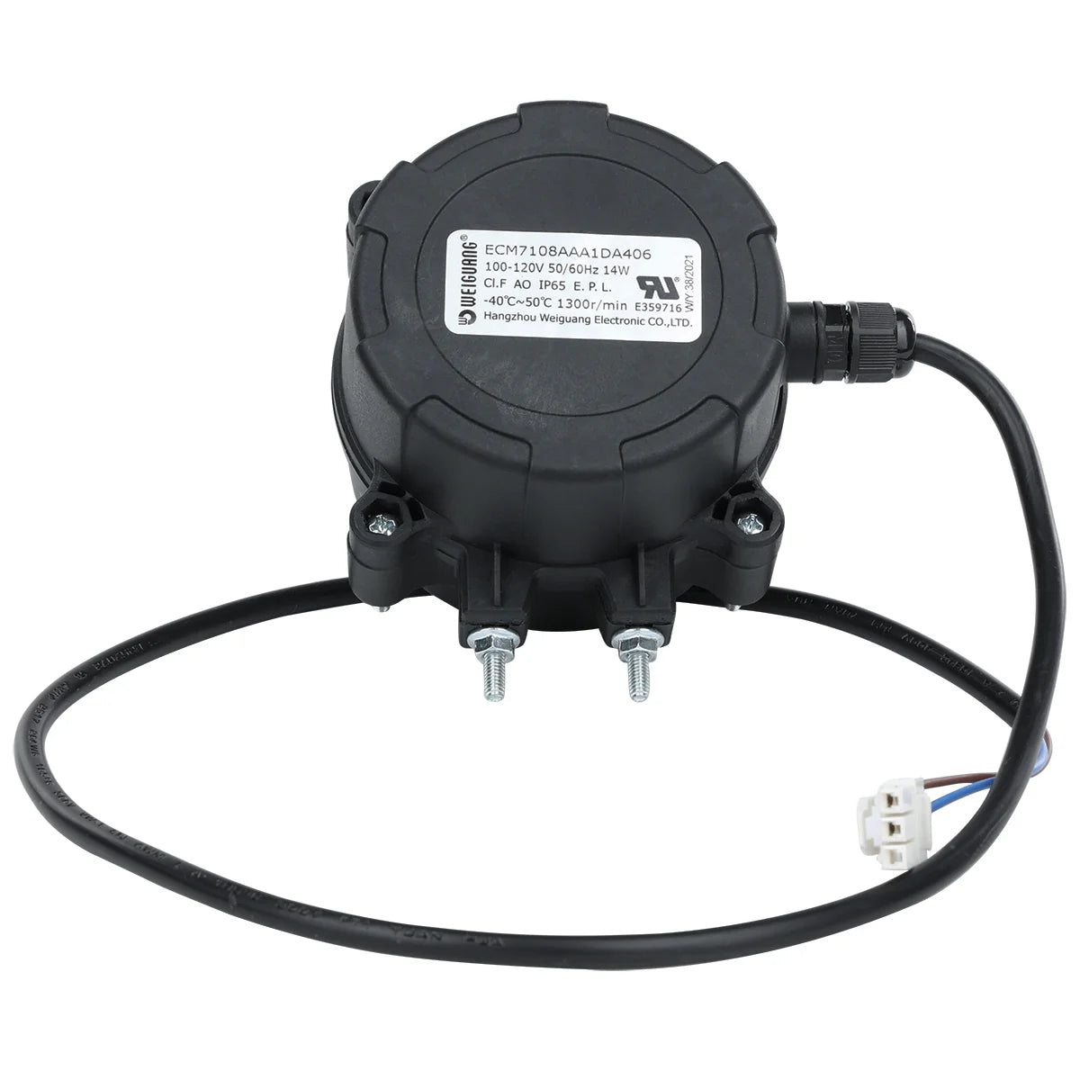 A black, round electric motor for a Circle Fan is shown. Two screws are visible at the base, and a thick black cable extends to a white plastic connector. The label lists technical specifications and Empura Refrigeration manufacturer details.