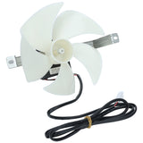 A white, six-blade Circle Fan is attached to a small motor with a metal bracket. A black power cable with a white connector and a tan rubber band is connected to the motor, lying coiled in front of the Empura Refrigeration assembly on a plain white background.
