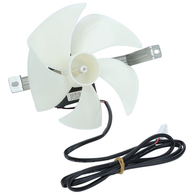 A white, six-blade Circle Fan is attached to a small motor with a metal bracket. A black power cable with a white connector and a tan rubber band is connected to the motor, lying coiled in front of the Empura Refrigeration assembly on a plain white background.