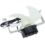 A white plastic Circle Fan blade is attached to a black electric motor, mounted on a metal bracket. Wires and a connector extend from the motor, suggesting it’s an Empura Refrigeration part. The background is plain white.