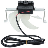 A small electric Circle Fan with a white plastic three-blade propeller, mounted on a metal bracket. A black motor is attached to the bracket, with red and black wires extending from it. A separate black cable is coiled below the fan.
