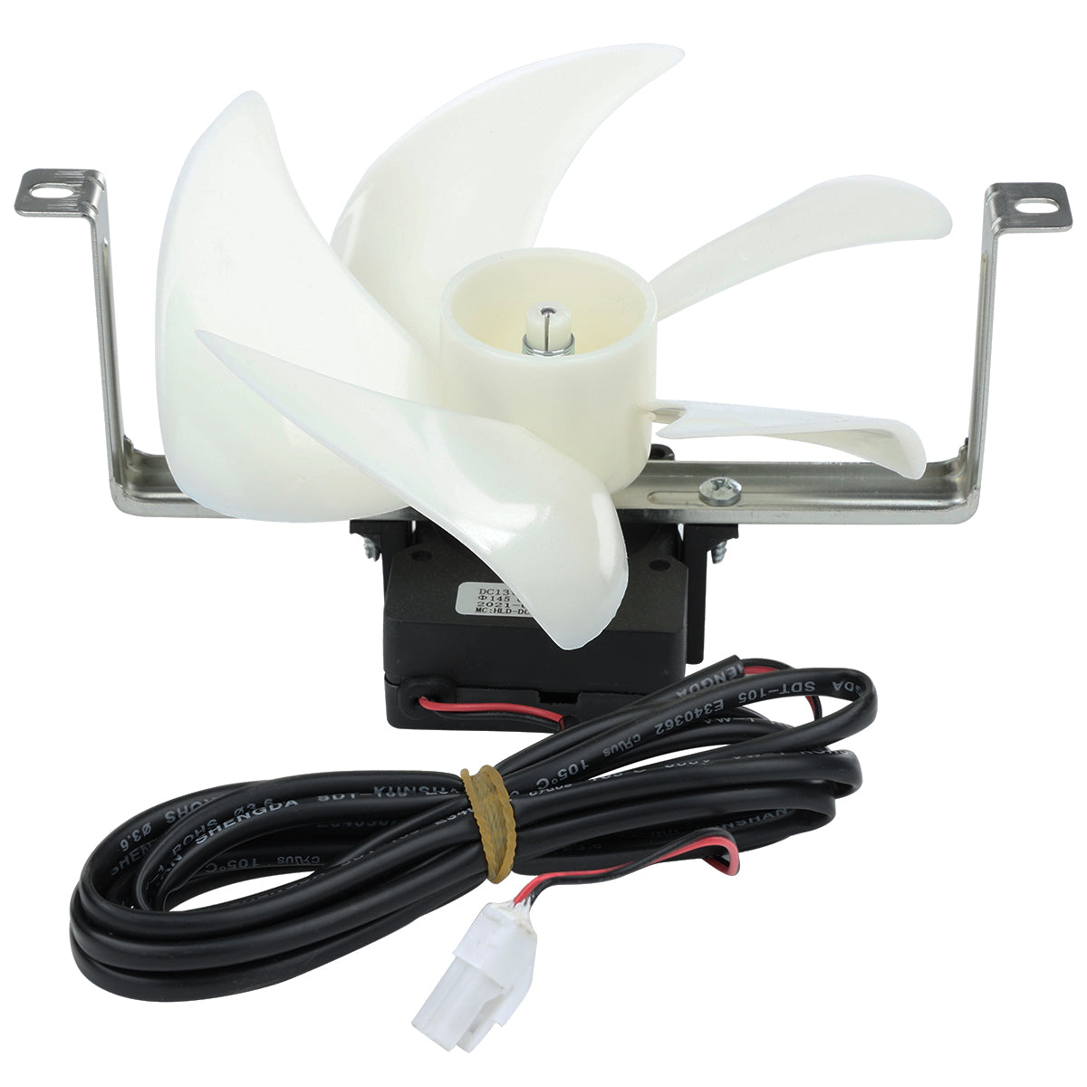 A small white plastic Circle Fan with five blades is mounted on a metal bracket. Below the fan is a black rectangular E-KBC-95 motor, and a long black power cable with a white connector extends out, coiled loosely in front of the device.