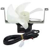 A small white plastic Circle Fan with five blades is mounted on a metal bracket. Below the fan is a black rectangular E-KBC-95 motor, and a long black power cable with a white connector extends out, coiled loosely in front of the device.
