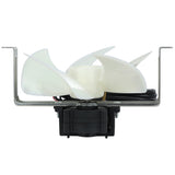 A small white Circle Fan with four blades is mounted on a black motor base. The assembly is framed by a U-shaped metal bracket, and a black power cord is coiled neatly behind the fan. The image is set against a plain white background.