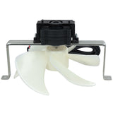 A small Circle Fan with a white three-blade propeller is mounted on a metal bracket. The fan has a black motor housing on top and an attached black power cord, looped behind the blades, for electrical connection.