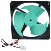 A square black Circle Fan from Empura Parts with three large teal blades is shown. It has a red and black power wire ending in a white connector. The fan, ideal for Empura Refrigeration, is positioned upright with wiring coiled in front.