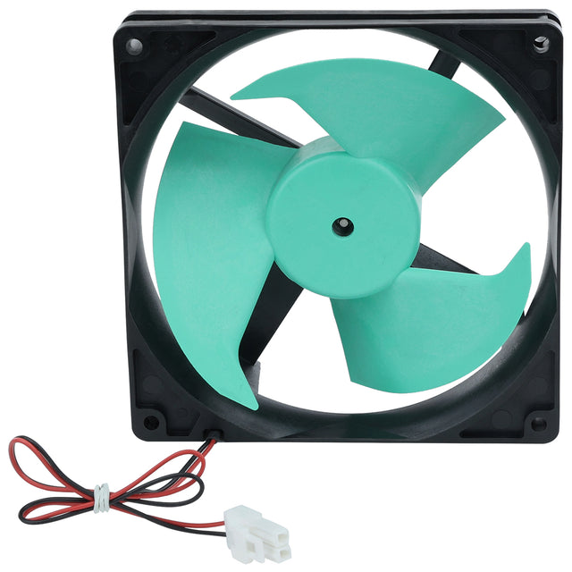 A square black Circle Fan from Empura Parts with three large teal blades is shown. It has a red and black power wire ending in a white connector. The fan, ideal for Empura Refrigeration, is positioned upright with wiring coiled in front.