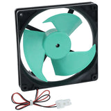 A square black Empura Parts computer cooling fan features three large teal blades and a white connector plug with red and black wires coiled beside it. The Circle Fan is displayed against a plain white background.