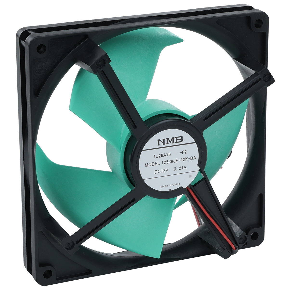 A square, black computer cooling fan with four green blades, ideal as a Circle Fan for Empura Refrigeration systems. The center hub shows a white label with NMB branding and 12V DC rating. Red and black wires extend from the hub against a white background.