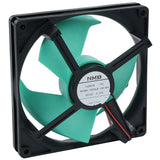A square, black computer cooling fan with four green blades, ideal as a Circle Fan for Empura Refrigeration systems. The center hub shows a white label with NMB branding and 12V DC rating. Red and black wires extend from the hub against a white background.