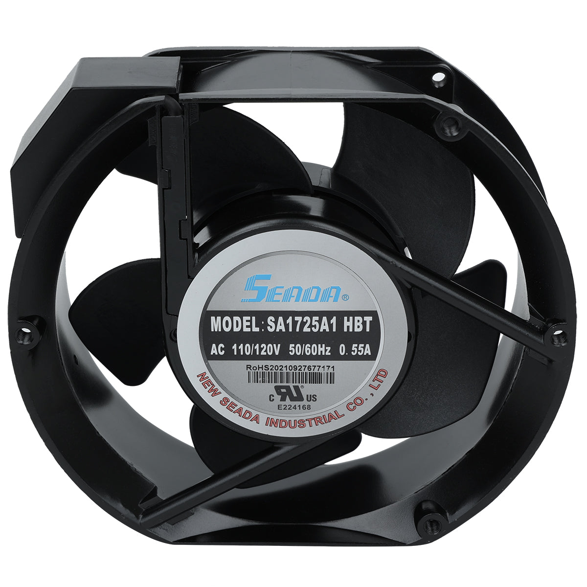 A black, circular electric fan with five blades, labeled “Seanda” and “MODEL: SA1725A1 HBT.” Ideal as a condenser fan motor for Empura Refrigeration or replacing compatible Empura Parts. Label shows voltage, frequency, current, and manufacturer info.