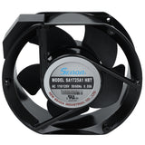 A black, circular electric fan with five blades, labeled “Seanda” and “MODEL: SA1725A1 HBT.” Ideal as a condenser fan motor for Empura Refrigeration or replacing compatible Empura Parts. Label shows voltage, frequency, current, and manufacturer info.