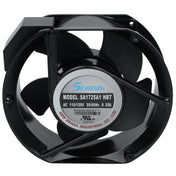 A black, circular electric fan with five blades, labeled “Seanda” and “MODEL: SA1725A1 HBT.” Ideal as a condenser fan motor for Empura Refrigeration or replacing compatible Empura Parts. Label shows voltage, frequency, current, and manufacturer info.