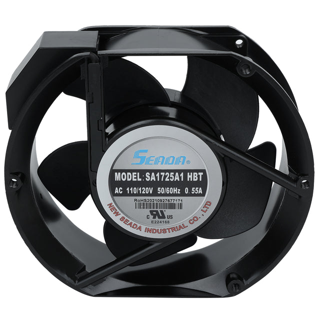A black, circular electric fan with five blades, labeled “Seanda” and “MODEL: SA1725A1 HBT.” Ideal as a condenser fan motor for Empura Refrigeration or replacing compatible Empura Parts. Label shows voltage, frequency, current, and manufacturer info.