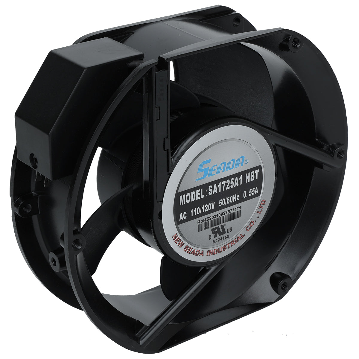 A close-up of a black Seada industrial cooling fan, model SA17254 HBT, often used in Empura Refrigeration as a Condenser Fan Motor. It features a round frame, protective casing, central label with specs, and mounting holes on the rim.