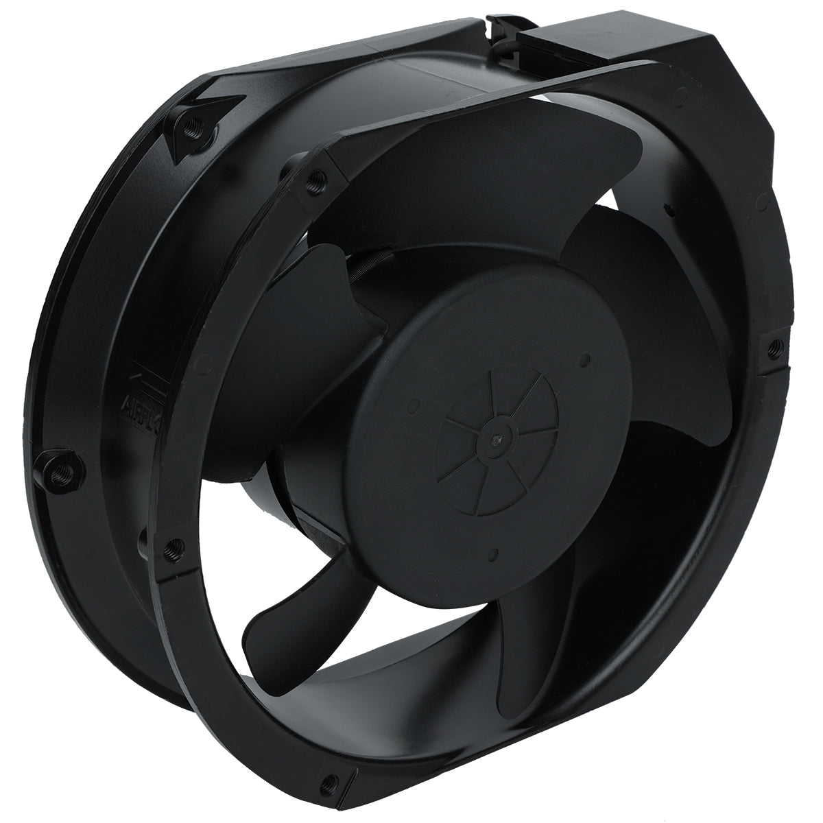 A black, circular axial cooling fan with five blades enclosed in a plastic frame. Featuring mounting holes and an enclosed motor housing, it’s ideal as a condenser fan motor for Empura Refrigeration or replacement Empura Parts.