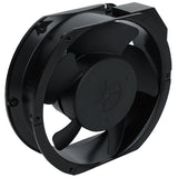 A black, circular axial cooling fan with five blades enclosed in a plastic frame. Featuring mounting holes and an enclosed motor housing, it’s ideal as a condenser fan motor for Empura Refrigeration or replacement Empura Parts.