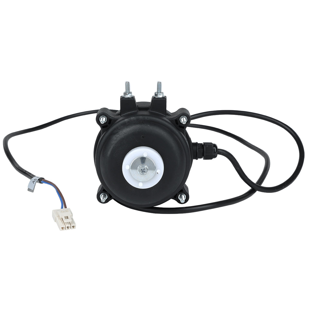 A black circular electric motor, ideal for Empura Refrigeration, features a central white and silver hub, two mounting bolts on top, a black cable to the right, and a white plastic connector with color-coded wires on the left. Plain white background.