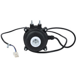 A black circular electric motor, ideal for Empura Refrigeration, features a central white and silver hub, two mounting bolts on top, a black cable to the right, and a white plastic connector with color-coded wires on the left. Plain white background.