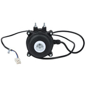 A black circular electric motor, ideal for Empura Refrigeration, features a central white and silver hub, two mounting bolts on top, a black cable to the right, and a white plastic connector with color-coded wires on the left. Plain white background.