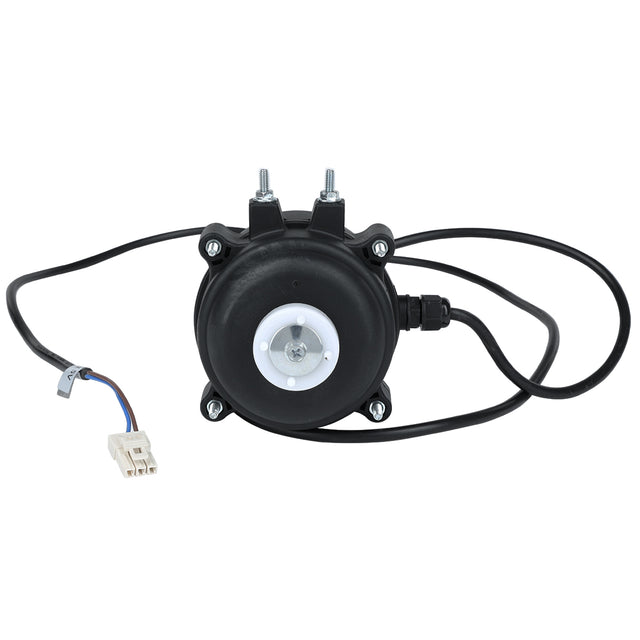 A black circular electric motor, ideal for Empura Refrigeration, features a central white and silver hub, two mounting bolts on top, a black cable to the right, and a white plastic connector with color-coded wires on the left. Plain white background.