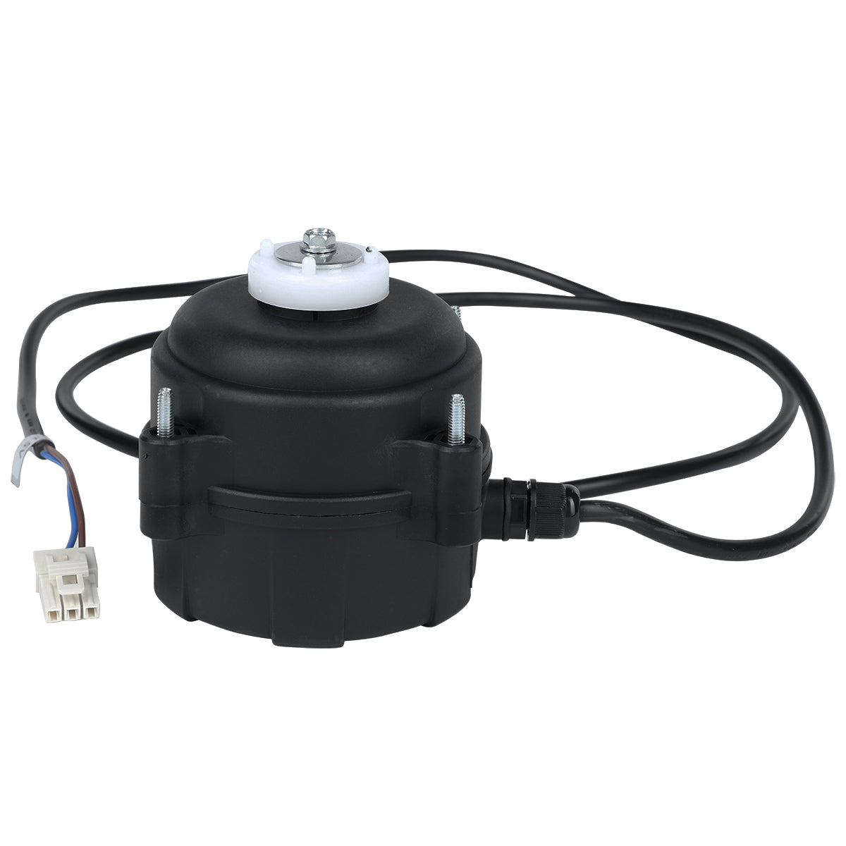 A black electric motor for Empura Refrigeration with a cylindrical shape, metal mounting bolts, and a white plastic cap on top. It features an attached black power cable ending in a white connector. Ideal as a Circle Fan replacement or for Empura Parts needs.
