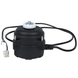 A black electric motor for Empura Refrigeration with a cylindrical shape, metal mounting bolts, and a white plastic cap on top. It features an attached black power cable ending in a white connector. Ideal as a Circle Fan replacement or for Empura Parts needs.
