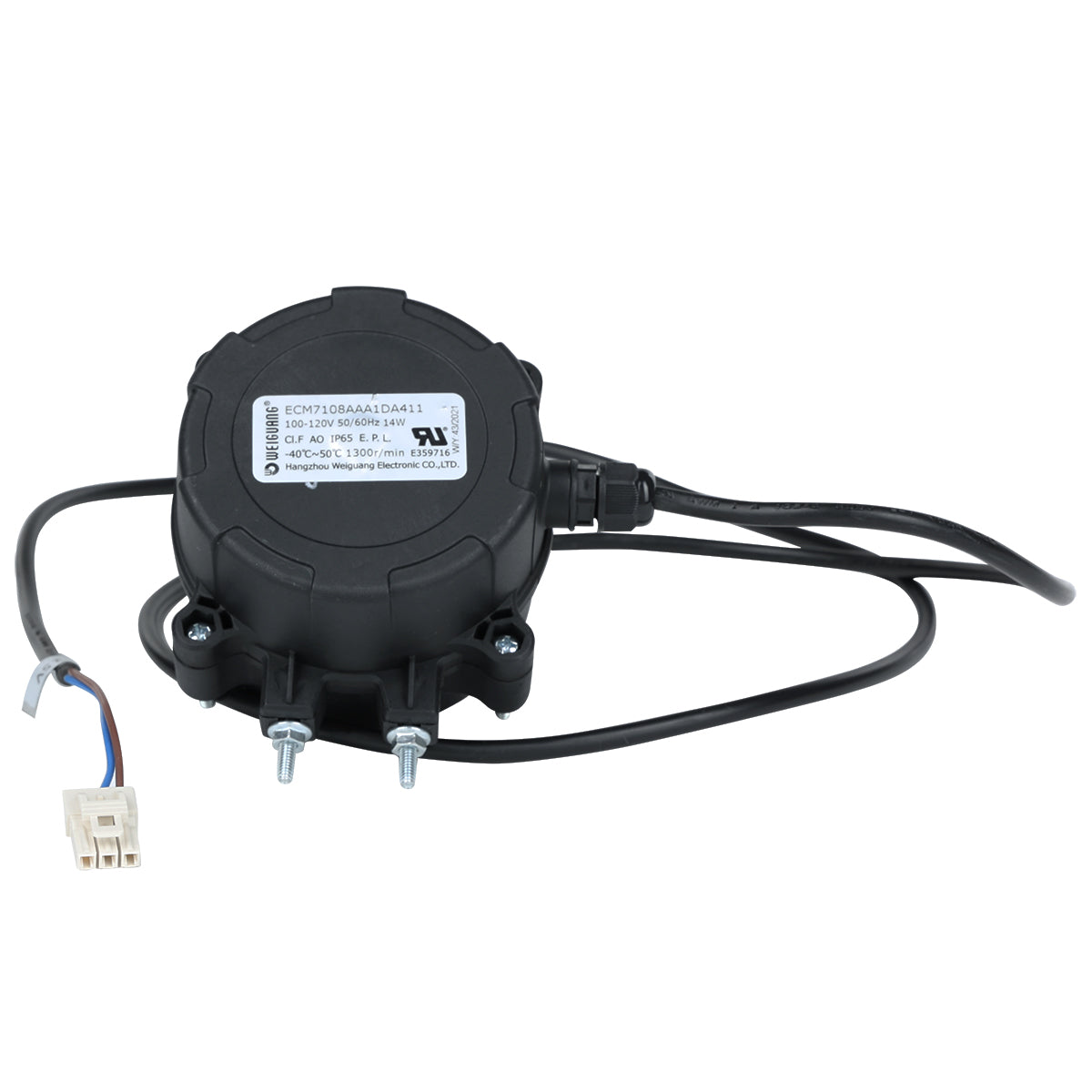 A black, round Circle Fan motor component from Empura Refrigeration with a label on top, visible screws, and two attached cables—one with a white plastic connector and the other with exposed wires. The background is plain white.
