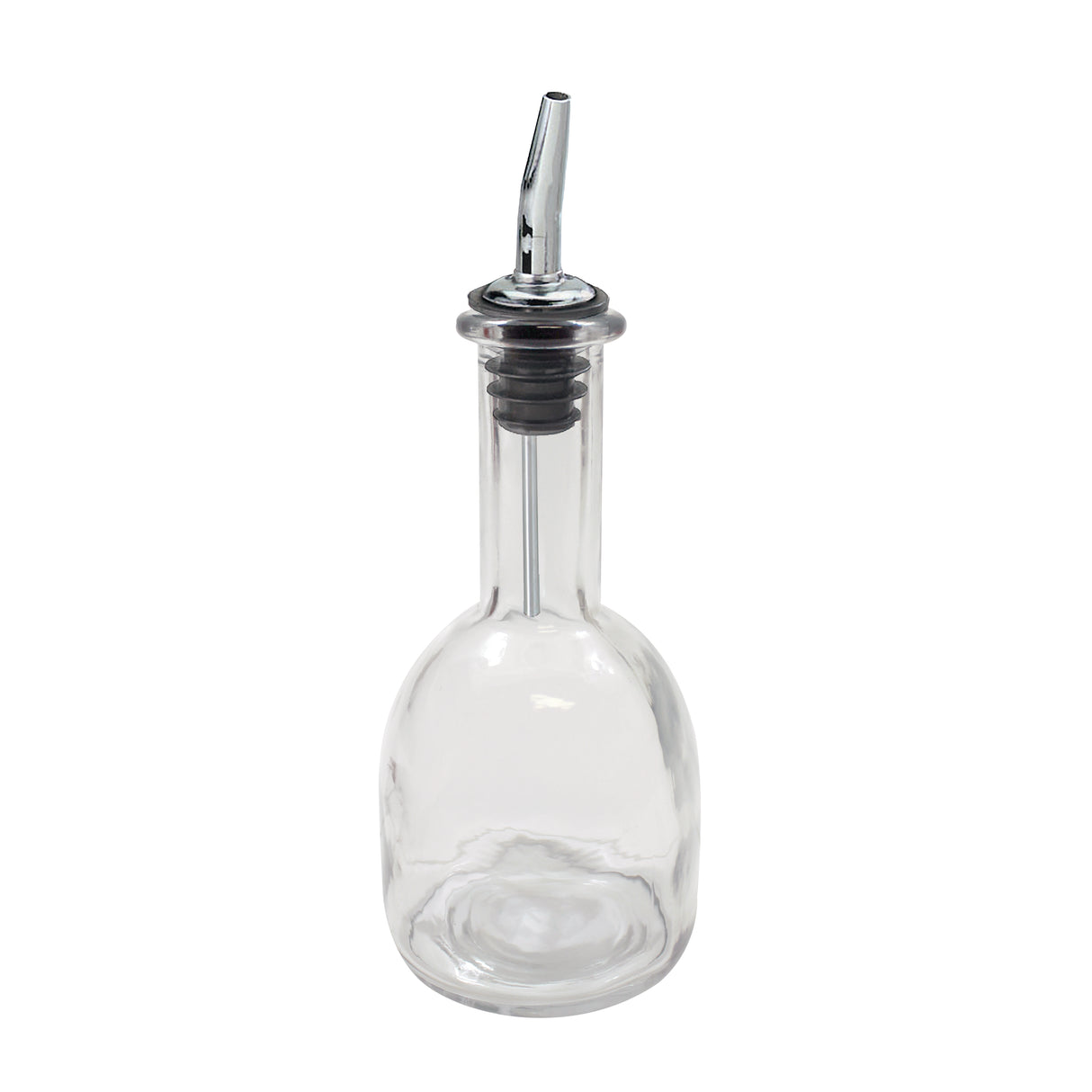 A clear 10 oz oil & vinegar bottle with a rounded base and narrow neck, topped with a stainless steel pourer featuring a black rubber stopper. The empty bottle is displayed against a plain white background.