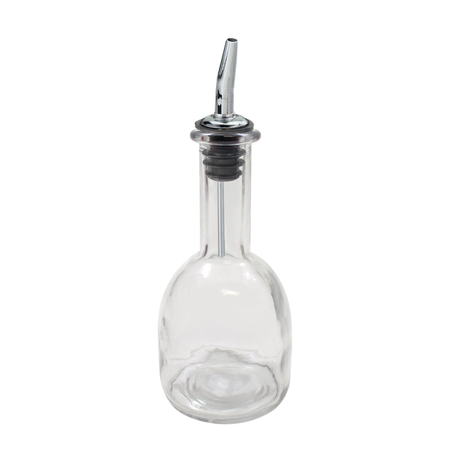 A clear 10 oz oil & vinegar bottle with a rounded base and narrow neck, topped with a stainless steel pourer featuring a black rubber stopper. The empty bottle is displayed against a plain white background.