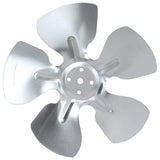A metallic four-blade Empura Parts condenser fan blade with a shiny silver finish. The slightly curved blades attach to a central hub, designed for Empura Refrigeration units. Smooth surface and visible light reflections enhance its look.