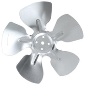 A metallic four-blade Empura Parts condenser fan blade with a shiny silver finish. The slightly curved blades attach to a central hub, designed for Empura Refrigeration units. Smooth surface and visible light reflections enhance its look.