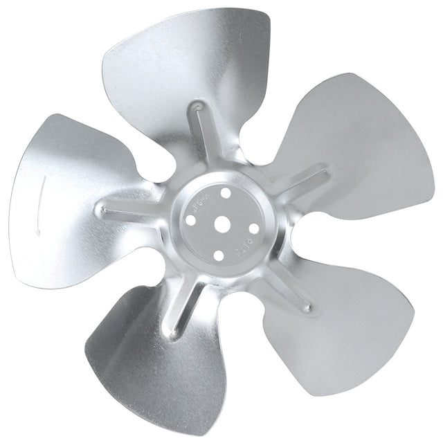 A metallic four-blade Empura Parts condenser fan blade with a shiny silver finish. The slightly curved blades attach to a central hub, designed for Empura Refrigeration units. Smooth surface and visible light reflections enhance its look.