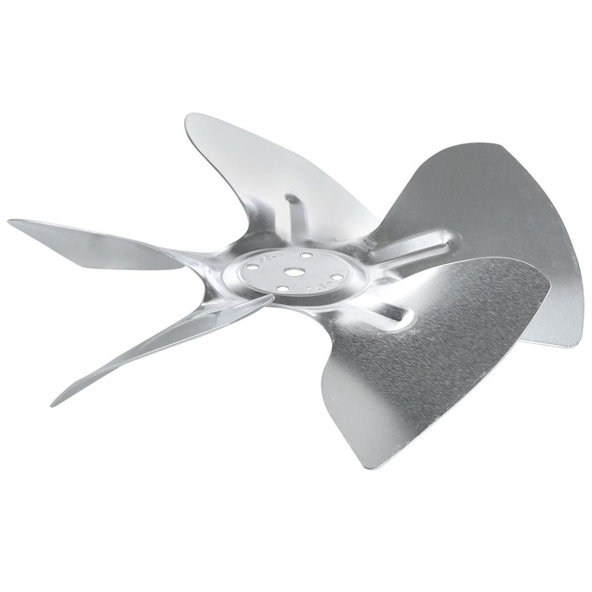 A metallic condenser fan blade with four curved, upturned blades. The shiny silver hub, designed for Empura Refrigeration, features several mounting holes. Blades are angled for effective air movement—ideal as a genuine Empura Parts replacement.