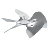A metallic condenser fan blade with four curved, upturned blades. The shiny silver hub, designed for Empura Refrigeration, features several mounting holes. Blades are angled for effective air movement—ideal as a genuine Empura Parts replacement.