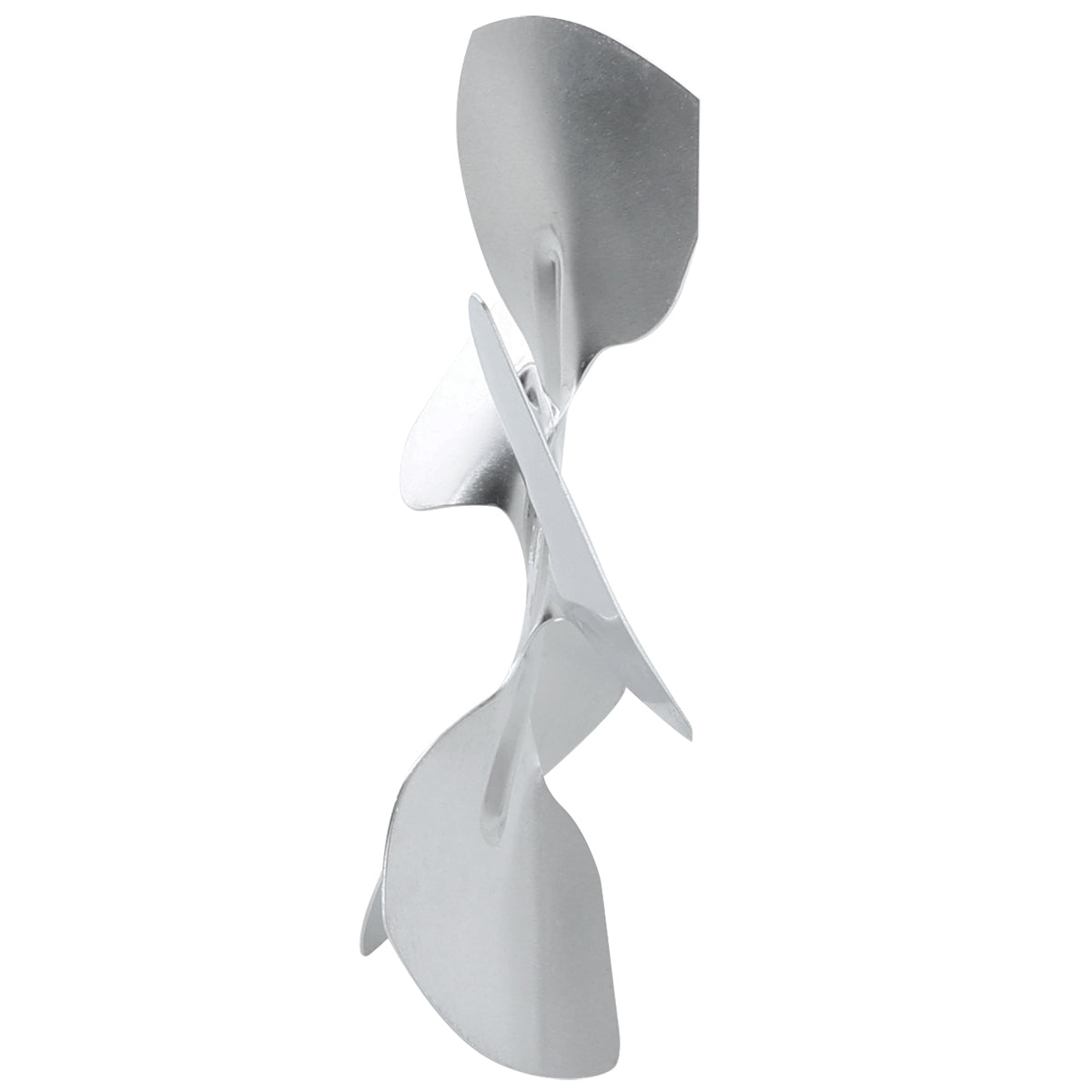 A modern, abstract silver sculpture features three curved, overlapping leaf-like metal forms, reminiscent of a condenser fan blade, spiraling vertically. Smooth, reflective surfaces and soft edges create a flowing, dynamic composition against a white background.