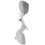 A modern, abstract silver sculpture features three curved, overlapping leaf-like metal forms, reminiscent of a condenser fan blade, spiraling vertically. Smooth, reflective surfaces and soft edges create a flowing, dynamic composition against a white background.