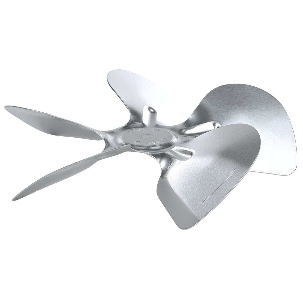 A silver Empura Refrigeration fan blade with five wide, curved blades radiates from a central hub, photographed against a plain white background. The shiny surface of this Circle Fan Blade reflects light, emphasizing its aerodynamic shape.