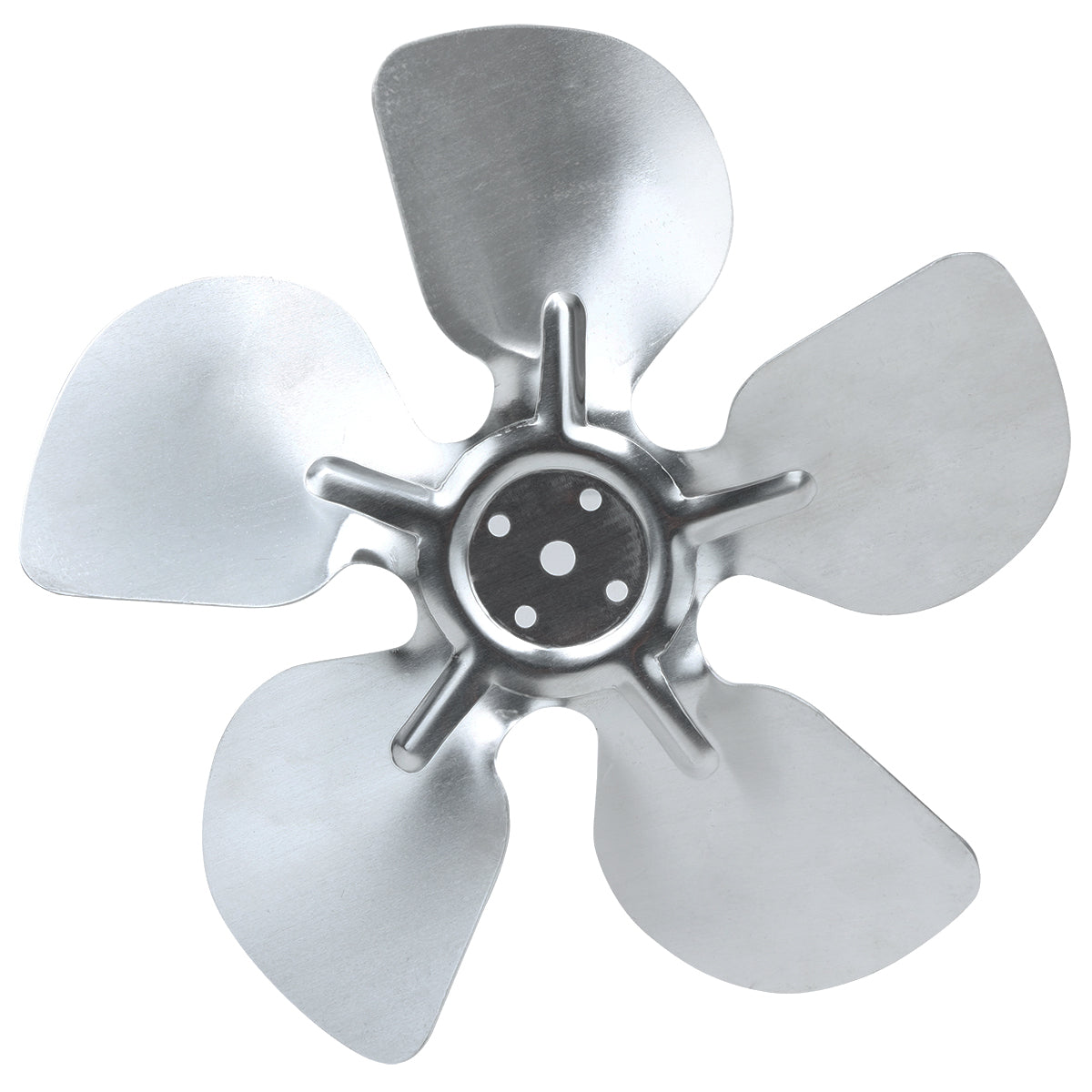A metallic Circle Fan Blade with four wide, curved blades attached to a central hub featuring three holes; the shiny silver surface reflects light, and the edges are slightly rounded. The image highlights Empura Parts fan’s symmetrical shape from above.