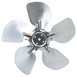 A metallic Circle Fan Blade with four wide, curved blades attached to a central hub featuring three holes; the shiny silver surface reflects light, and the edges are slightly rounded. The image highlights Empura Parts fan’s symmetrical shape from above.