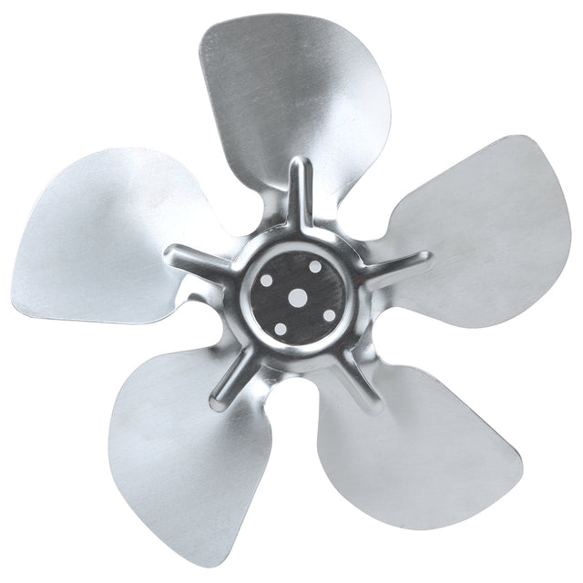 A metallic Circle Fan Blade with four wide, curved blades attached to a central hub featuring three holes; the shiny silver surface reflects light, and the edges are slightly rounded. The image highlights Empura Parts fan’s symmetrical shape from above.